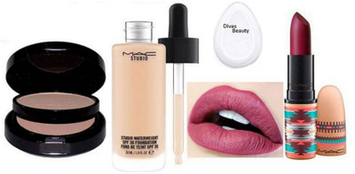 

divas beauty Silicon Puff & Mac Studio Waterweight Foundation, Plumful Matte Finish Lipstick & Pressed Powder Two Way Compact(Set of 4)