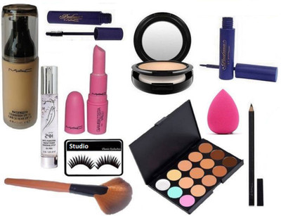 

studio Eyelashes And Mac Matchmaster SPF 15 Foundation,Perfecting Makeup 24hr Primer, fix Compact, 15 shade Concealer Palette, Padma eyeliner & Mascara, Pencil Kajal, Matte finish Real doll Lipstick & Makeup Brush With Sponge Puff(Set of 11)