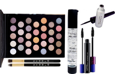 

studio Make up Brush 2, Mac 32 Shade Eyeshadow Palette, Prep+Prime Pearl Gel Primer, Houte and Naughty Double effect Mascara, Liquid Eyeliner(Set of 6)