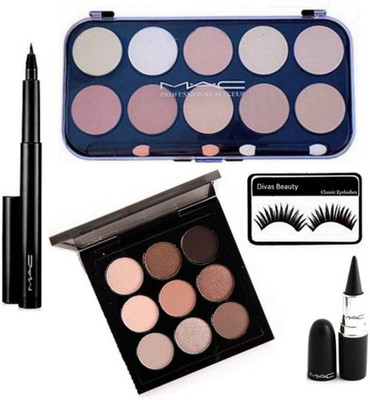 

divas beauty Eyelashes With Mac. 10 Concealer palette,9 Shade Eyeshadow palette With pen Eyeliner And Stick Kajal(Set of 5)