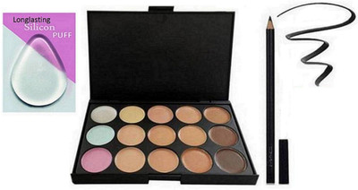 

Longlasting Silicon Puff&Mac 15 Shade Concealer Palette, Pencil Kajal(Set of 3)