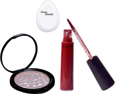 

divas beauty Silicon Puff With mac beauty makeup powder illuminator,Liquid Rouge a' Levres Lipgloss(Set of 3)