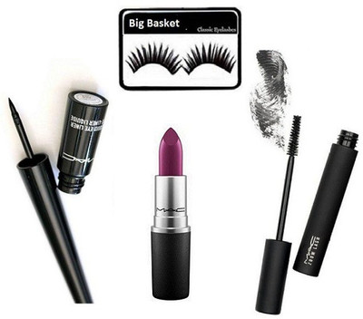 big basket Eyelashes & Mac Zoom Lash Waterproof Liquid Mascara, Liquid Eyeliner & Lipstick(Set of 4)
