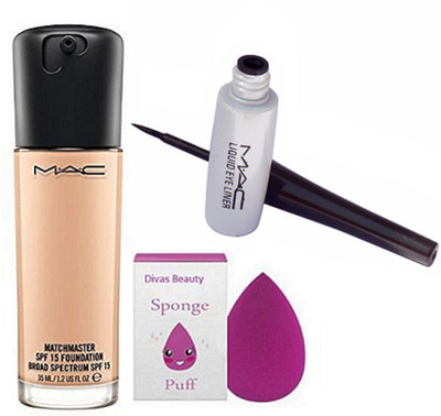 

divas beauty Sponge Puff With Mac Matchmaster Foundation With Liquid Eyeliner(Set of 3)