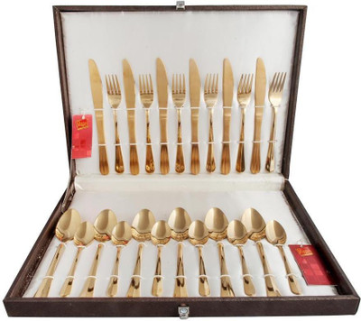 Shapes Rose Titanium coated Gold Cutlery set of Spoons & Forks 24 Pcs. With box (Dk) Gold Plated Cutlery Set(Pack of 24)