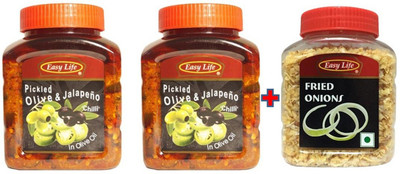 

Easy Life Pack of 2 Pickled Olive & Jalapeno (510g x 2) + Fried Onions 100gm Combo(Pickled Olive & Jalapeno (1020 gm), Free Fried Onions (100gm))