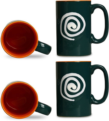 

caffeine Coffee Ceramic/Stoneware in Green & Orange With White Doodle Regular (Set of 4) Handmade Ceramic Mug(300 ml, Pack of 4), Brown;red