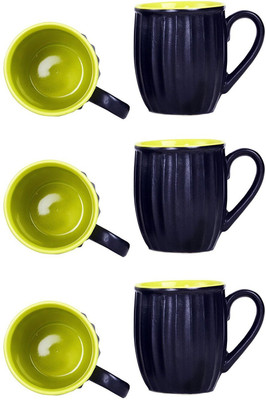 caffeine Coffee Stoneware in Black & Green Striped (Set of 6) Handmade Ceramic Mug(300 ml, Pack of 6)