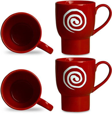 

caffeine Coffee Ceramic/Stoneware in Red & White Doodle Platform (Set of 4) Handmade Ceramic Mug(300 ml, Pack of 4)
