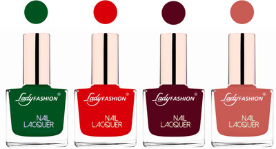 

Lady Fashion Unique Colours Nail Polish Combo Dark Green,Bright Red,Maroon,Nude(Pack of 4)