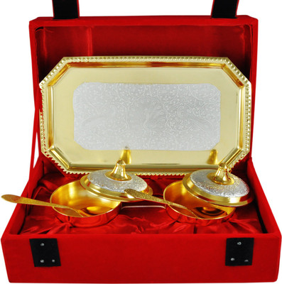 

Raj Laxmi RajLaxmi Gold And Silver Plated Lovely Bowl Tray Set Bowl Spoon Tray Serving Set(Pack of 5)