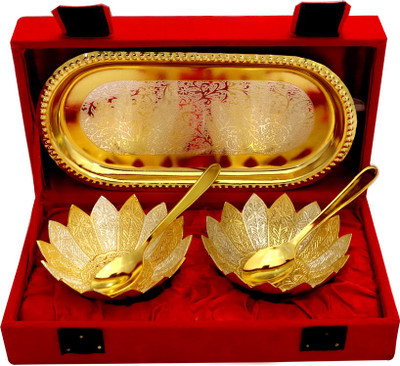 Adiidev 2 Tone Lotus Shape 2 Bowl & Tray with 2 Spoons Pack of 5 Dinner Set(Brass) at flipkart