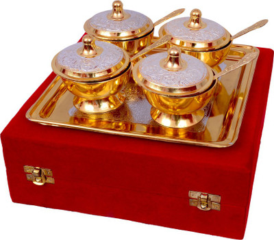 

Odna Bichona Silver And Gold Plated Bowl Spoon Tray Serving Set(Pack of 9)