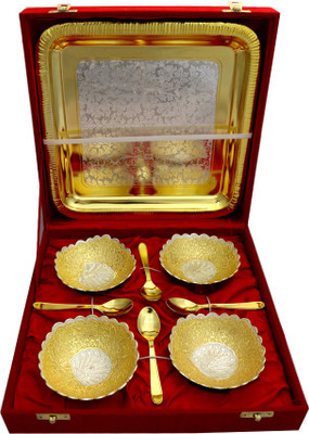 

Raj Laxmi GS 2 Tone Round Shape 4 Bowl & Trey with 4 Spoons Bowl Spoon Tray Serving Set(Pack of 9)