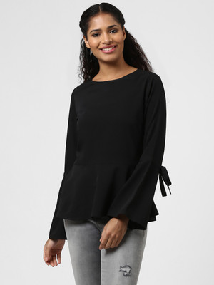 HARPA Casual Bell Sleeve Solid Women Black Top