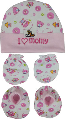 

Kidbee Baby Printed Soft Booties Mittens Cap Combo Set(Pink)