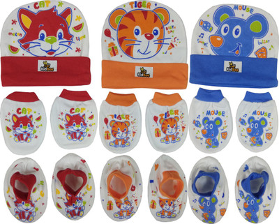 

Kidbee Baby Printed Soft Booties Mittens Cap Combo Set(Red, Orange,Blue)