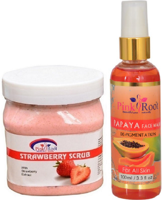 

Pink Root STRAWBERRY SCRUB 500ML WITH PAPAYA FACE WASH 100ML(Set of 2)