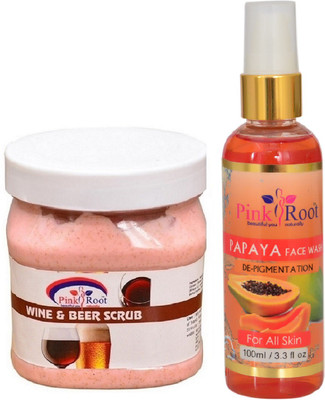 Pink Root WINE BEER SCRUB 500ML WITH PAPAYA FACE WASH 100ML(Set of 2)