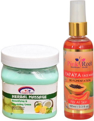 

Pink Root HERBAL MASSAGE CREAM 500ML WITH PAPAYA FACE WASH 100ML(Set of 2)