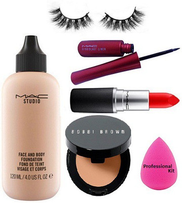 

professional kit sponge puff & mac matte lipstick with bobbi brown concealer with mac face and body foundation and mac lipuid eyeliner with eyelashes(Set of 6)