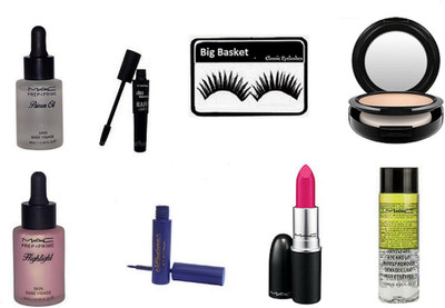 

big basket Eyelashes,Mac Studio Fix Compact, 180 Warp Lenght Upward lash Mascara,Primer Oil Skin Base Visage,Prep-Prime Skin Base Visage Highlighter,Pink lipstick,Makeup Remover,Padma Liner,(Set of 8)