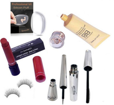 

professional kit silicon,Eyelashes&Mac Liptensity Matte Finish Lipstick&Eyeliner&Mascara&Colorbar BB Beauty Balm Foundation,Puff,Mirro(Set of 6)