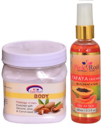 

Pink Root BODY MASSAGE CREAM 500ML WITH PAPAYA FACE WASH 100ML(Set of 2)