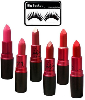 

big basket Eyelashes& Mac Matte Finsish Lady Gaga Lipstick Multicolour(Set of 7)