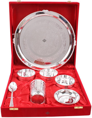

IndianArtVila Silver Plated Embossed 7 Pieces Thali Set,Gift item Pack of 7 Dinner Set(Silver Plated)