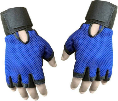 Snipper Leahter and netted half finger Gym & Fitness Gloves (Free Size, Blue)