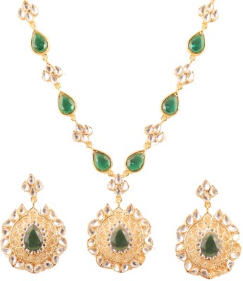 TOUCHSTONE Touchstone Indian Bollywood Majestic Mughal Kundan Polki Faux Emerald Exclusive Designer Jewelry Wedding Necklace Set In Gold Tone For Women. Cubic Zirconia Gold-plated Plated Alloy Necklace Set