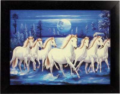 Indianara Indr SEVEN HORSES (1567) Digital Reprint 13 inch x 10.6 inch Painting(With Frame)