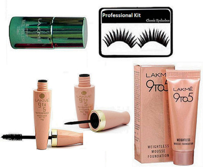 Professional kit Eyelashes, 9to5 Mousse Foundation, Waterproof Eyeliner & Mascara, Mirror Nail Polish(Set of 5)