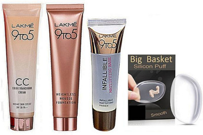 

big Basket Silicon Puff, Lakme 9 To 5 Weightless Mousse Foundation, C C Cream, Infallible Primer,(Set of 1)