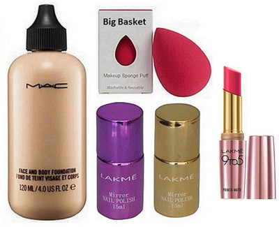 

big basket Sponge puff, Mac Face And Body Foundation, 9 to 5 Primer + Matte Lipstick Pink Perfect, Mirror Nail Paint (Pack of 2)(Set of 5)