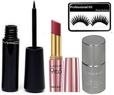 

Professional kit Eyelashes, Mac Waterproof Eyeliner, 9to5 Primer+Matte Lipstick, Mirror Nail Polish(Set of 4)