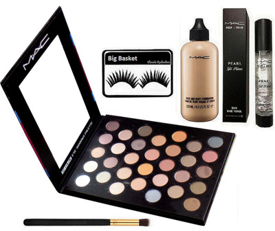 

big Basket Eyelashes, Mac 32 Professional Makeup Multi Colour Eye Shadows Palette, Brush, Prep+Prime Pearl Gel Primer, Face & Body Foundation(Set of 5)