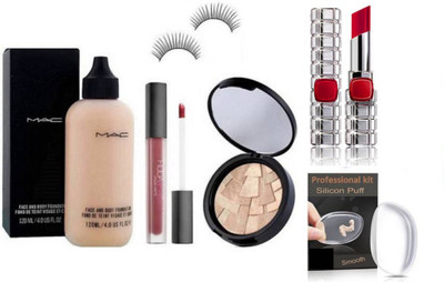 

professional kit Silicon Puff&Mac Face&Body Foundation&Huda Beauty Lipgloss&Anastasia Beverly Hills Illuminator loreal paris lipstick & eyelash (Set of 6)(Set of 6)