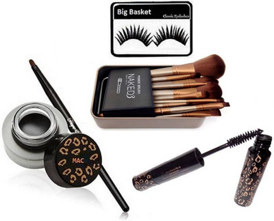 

big basket Eyelashes, Mac Long Lasting Balm Gel Eyeliner Black,Liquid Mascara & Urban Decay Makeup Brush Set(Set of 4)