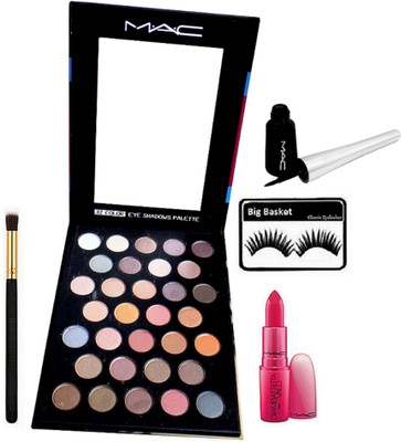 

big Basket Eyelashes, Mac Makeup 32 Professional Multi Colour Eye Shadows Palette, Brush, liquid Eyeliner, GiAMBATTiSTA VALLi Paris Lipstick(Set of 5)
