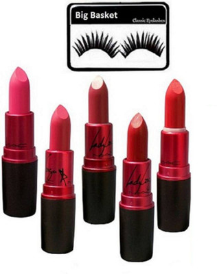big basket Eyelashes& Mac Matte Finsish Lady Gaga Lipstick Multicolour (Pack of 5)(Set of 6)