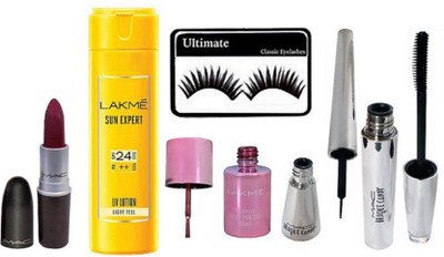 

Ultimate Eyelashes And Mac brooke Candy Eyeliner With Mascara,Matte Finish Long lasting Lipstick And Lakme Sun expert Lotion,Mirror Nail polish And(Set of 6)
