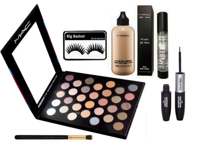 

big Basket Eyelashes, Mac 32 Professional Makeup Multi Colour Eye Shadows Palette, Brush, Prep+Prime Pearl Gel Primer, Face & Body Foundation, Coloerbar 2in1 Mascara & Eyeliner(Set of 6)