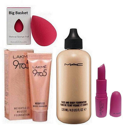 

big basket Sponge Puff, Mac Face & Body Liquid Foundation, 9to5 Mousse, MAC GiAMBATTiSTA VALLi Paris Lipstick(Set of 4)