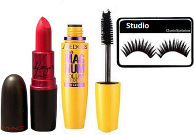 

studio eyelashes & mac lady gaga matte finish lipstick & new york the mugnum volum mascara(Set of 3)