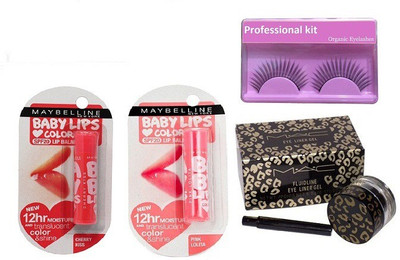 

Professional kit Eyelashes & fluidline eye liner gel , Baby lips cherry kiss and pink lolita lip balm(Set of 4)