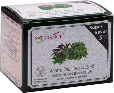 

Satinance Neem, Tea Tree & Basil Aromatherapy Bathing Bar (Transparent) 300g (3x100g) Super Saver Pack - Sulphate, Parabeen, S L S Free, No added Perfume & Colour(300 g)