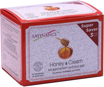 Satinance Honey & Cream Aromatherapy Bathing Bar (Transparent) 300g (3x100g) Super Saver Pack - Sulphate, Parabeen, SLS Free, No added Perfume & Colour(300 g)