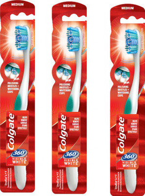 

Colgate 360 Visible White With Whitening & Whole Mouth Clean With Cheek & Tongue Cleaner Tooth Brush Medium Toothbrush(Pack of 3)